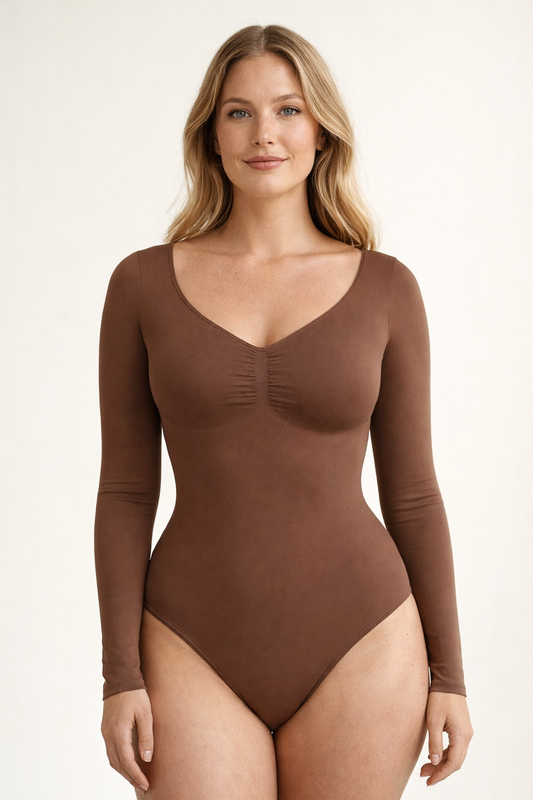 Model wearing Shapeify The Curve Bodysuit in brown, seamless fashion shapewear with sculpting fit, front view