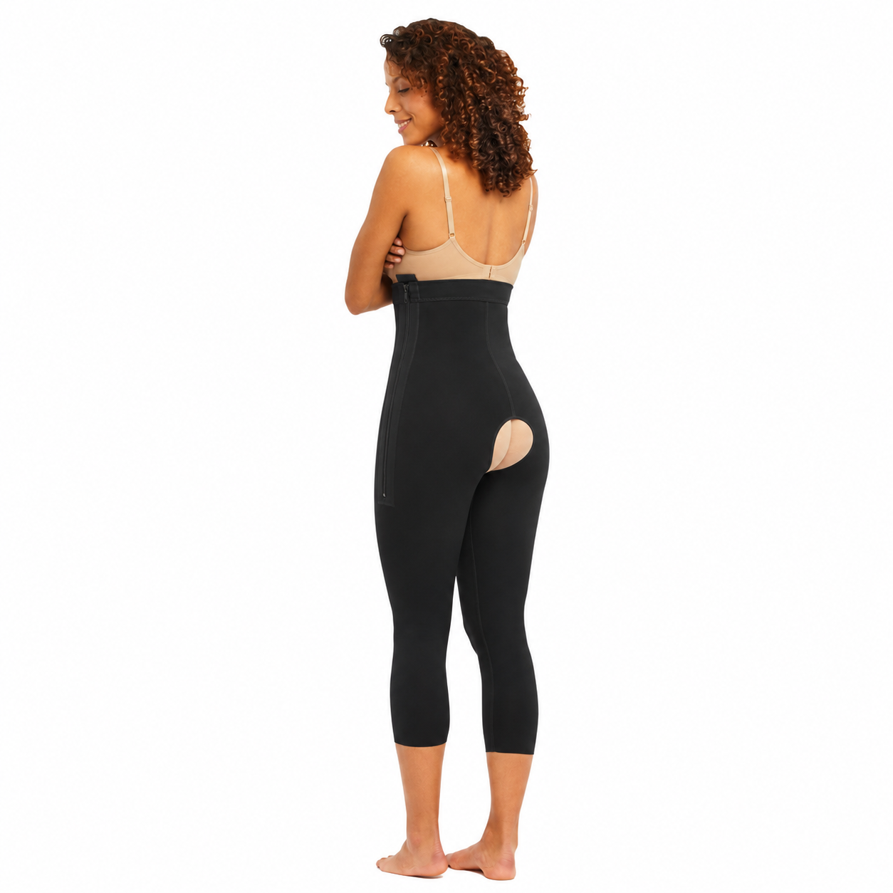 Bakside av sort ClearPoint Capri #723 postoperativt kompresjonsplagg med caprilengde og høy midje